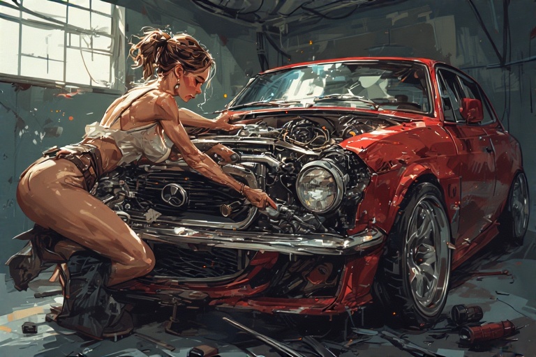ragazza sexy ripara automobile